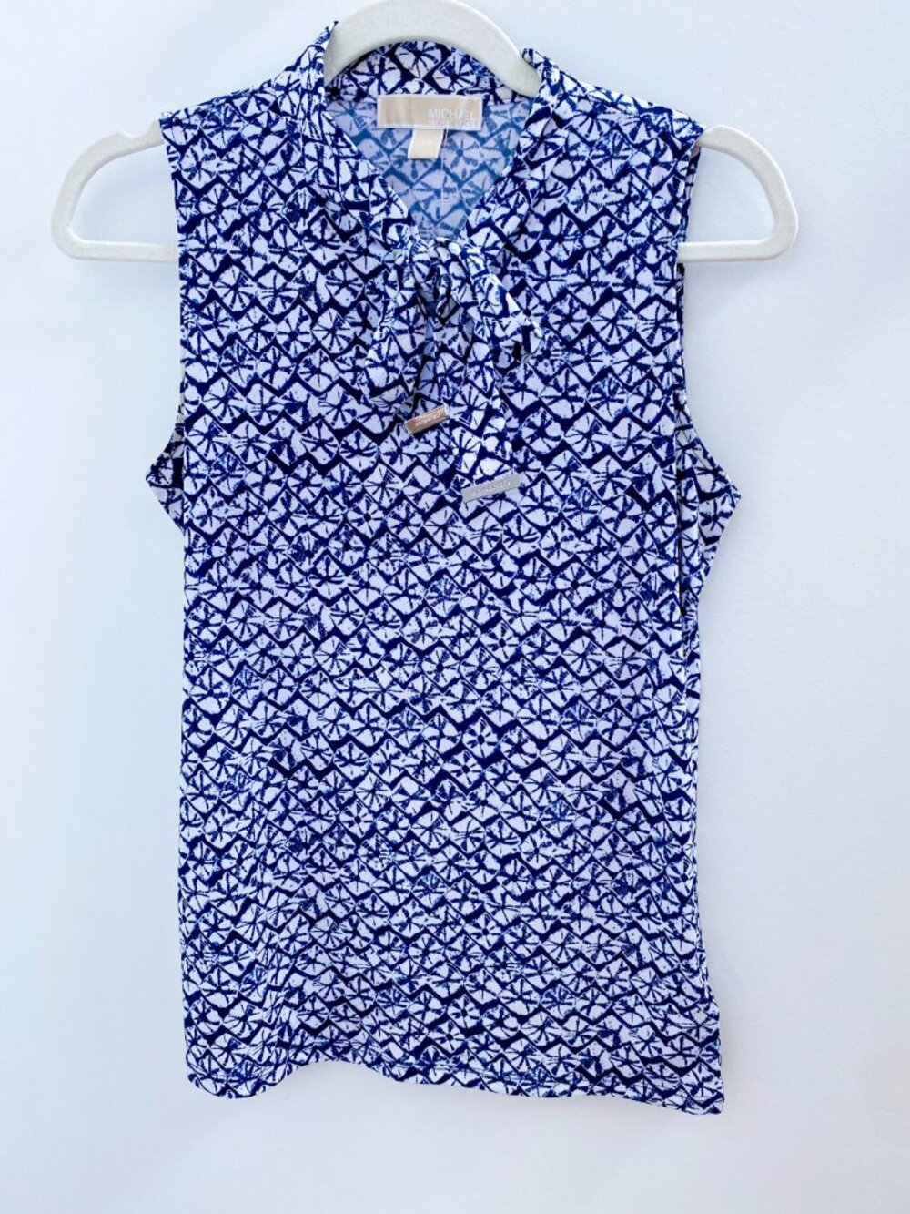 Michael Kors Blue Printed Tie Neck Detail Sleeveless Blouse - XSmall